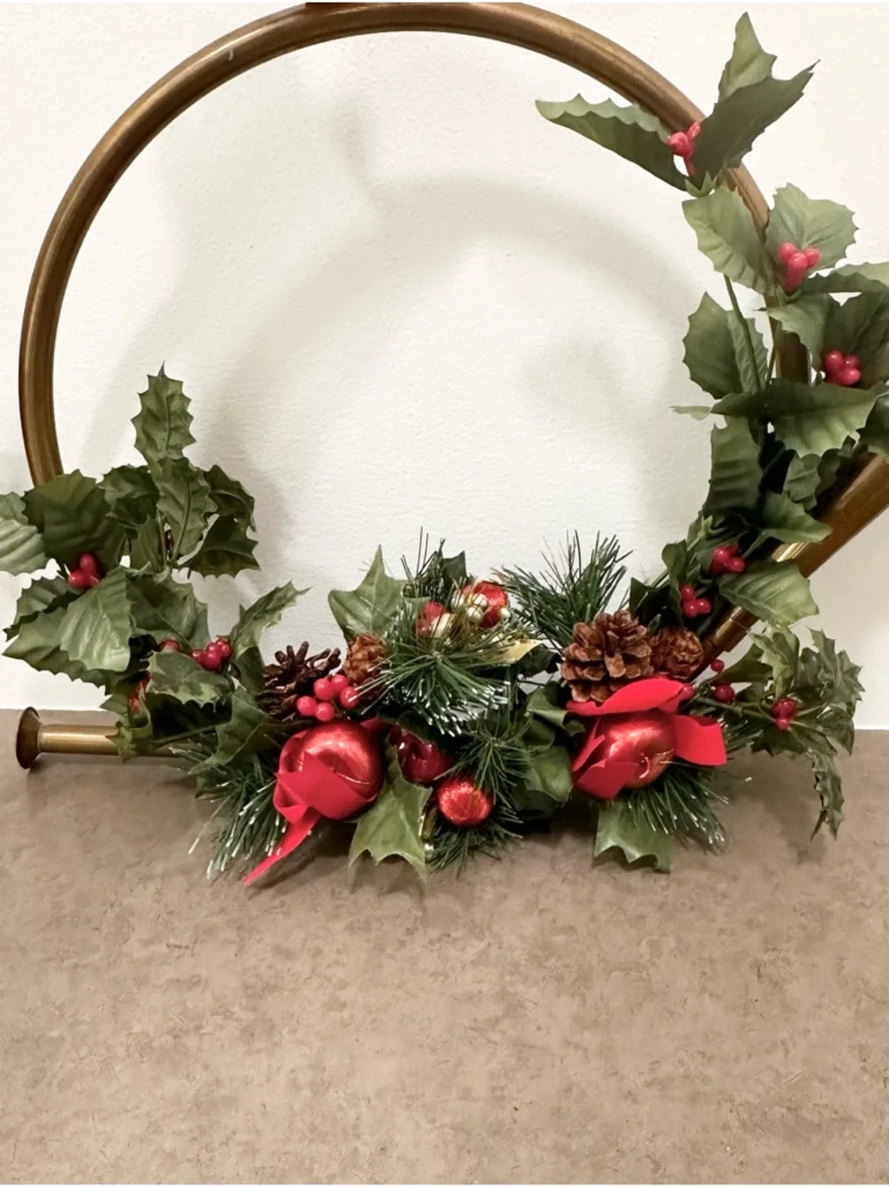 Large Holiday Brass French Horn Wreath Holly Berry Pine Accents Christmas Wreath